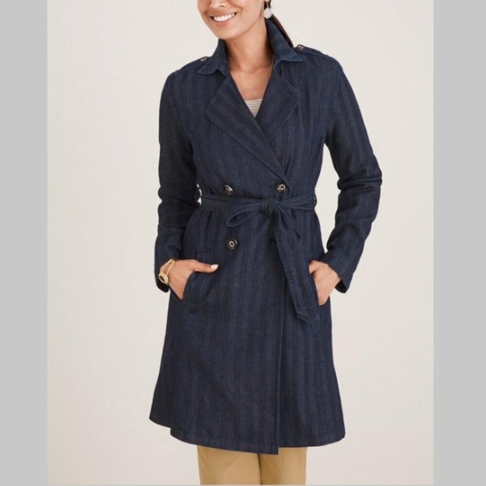 Chico’s  Denim Trench Coat Jacket Cotton Linen L - Picture 3 of 12